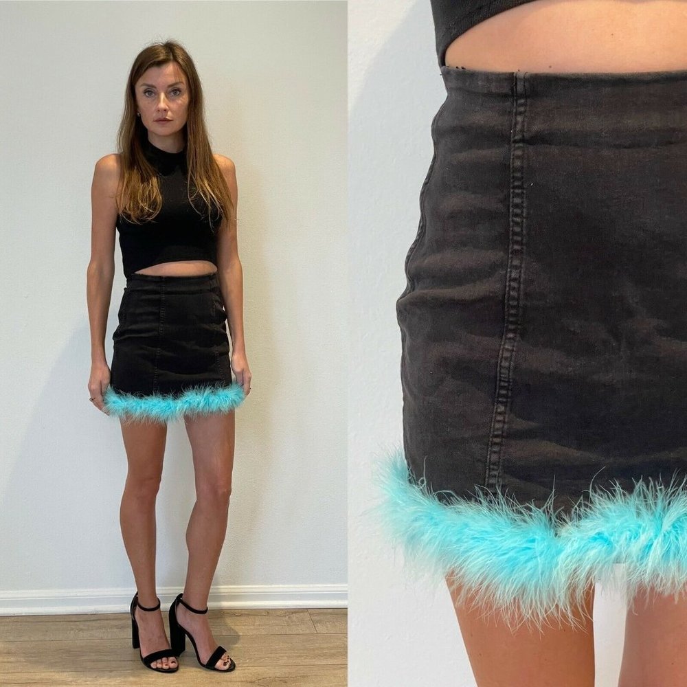 Full Tilt Black & Blue Feather Trim Mini Skirt XS